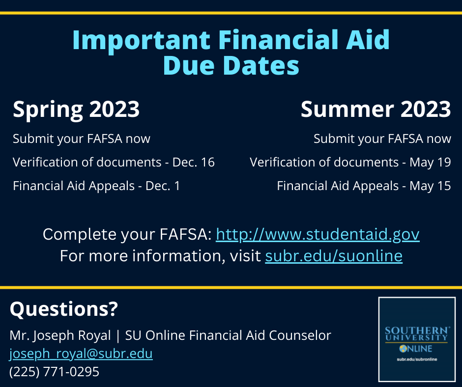 Important Financial Aid Due Dates for Spring/Summer 2023