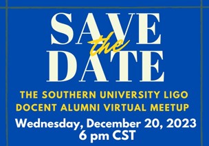Save the Date flyer written in white. Docent Alumni Virtual Meetup on Wednesday, December 20, 2023 at 6 pm CST. 