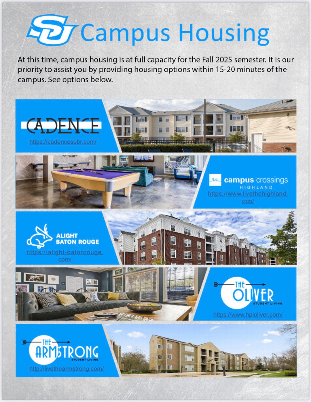 Campus Housing Alternatives: Cadence, Campus Crossings Highland, Alight Baton Rouge, The Oliver, The Armstrong